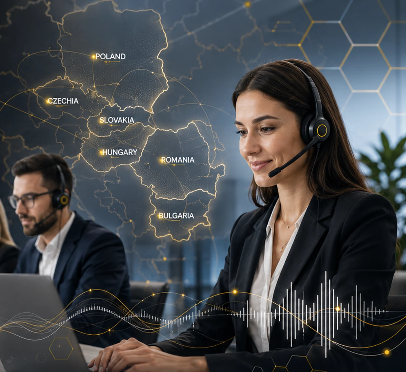 Telefonická operátorka VoiceBee pri hovore so zákazníkom, na pozadí mapa krajín strednej a východnej Európy